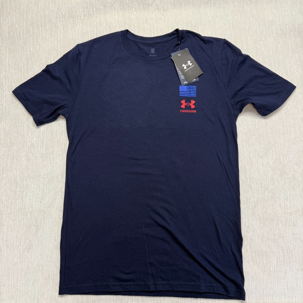 Under Armour Freedom Flag T-Shirt Mens Small Navy Blue Graphic Print Loose Fit